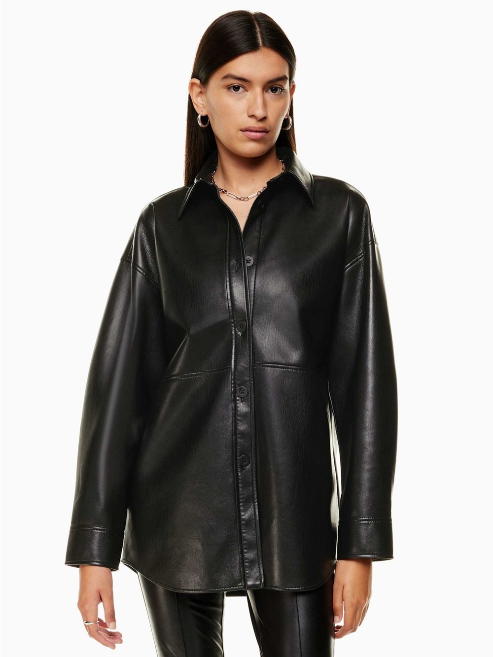 Babaton Black Leather Button-Down Shirt - Pelli Shirt Jacket